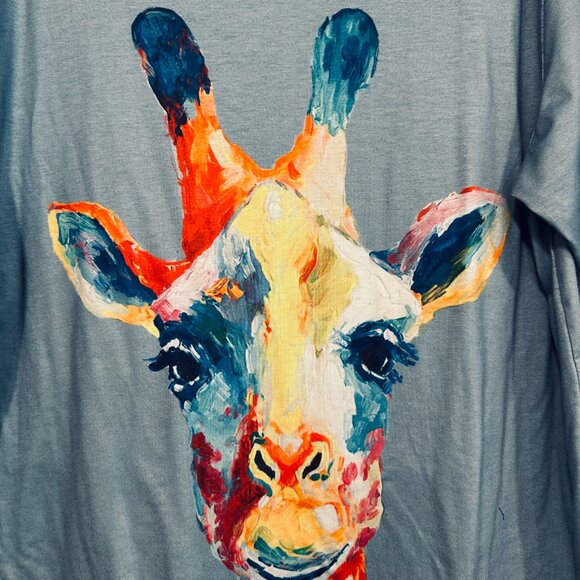 Womens Size 2XL Tee Top with Giraffe Front Graphics Blue Short Sleeves Stretch - Picture 5 of 8